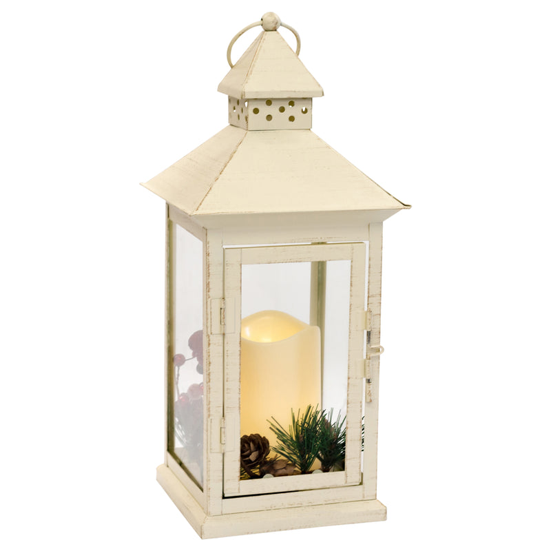 Holly Berry and Pine Look White Distressed 13.5 Inch Metal Decorative Hanging Lantern