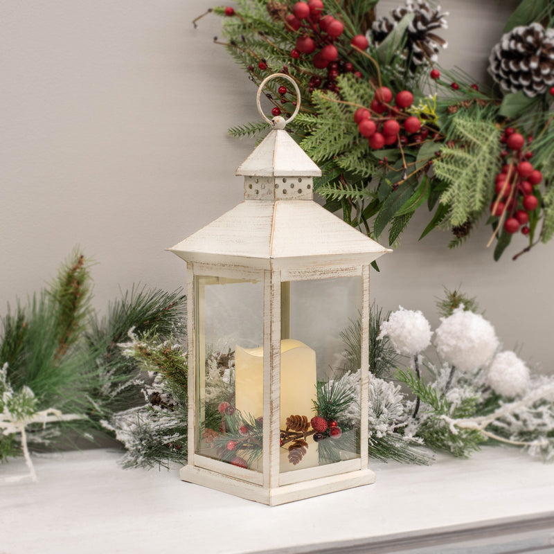 Holly Berry and Pine Look White Distressed 13.5 Inch Metal Decorative Hanging Lantern