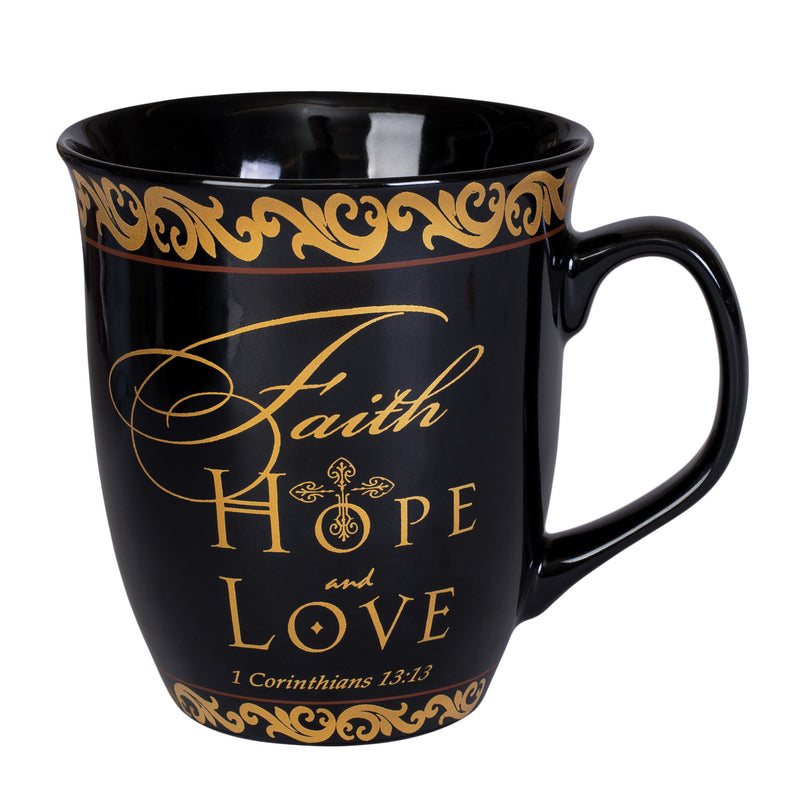 Front view of "Faith Hope and Love" 1 Corinthians 13:13 Black and gold Coffee Mug
