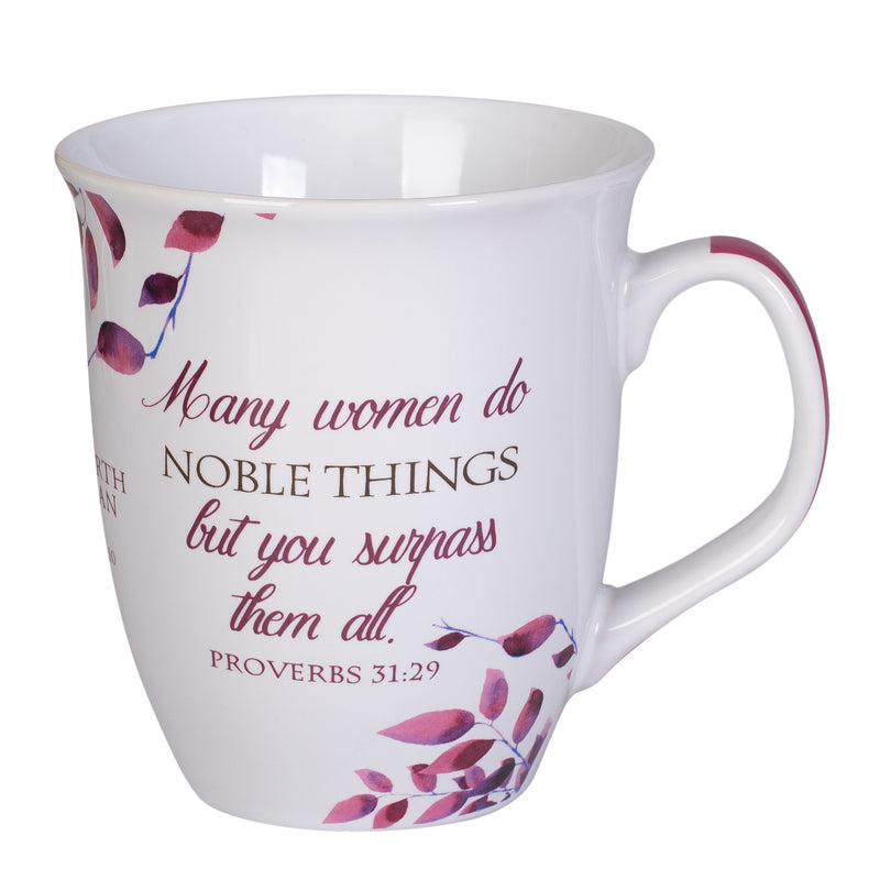 Front view of "Many women do noble things but you surpass them all." Proverbs 31 woman verse with Pink White Leaves Coffee Mug