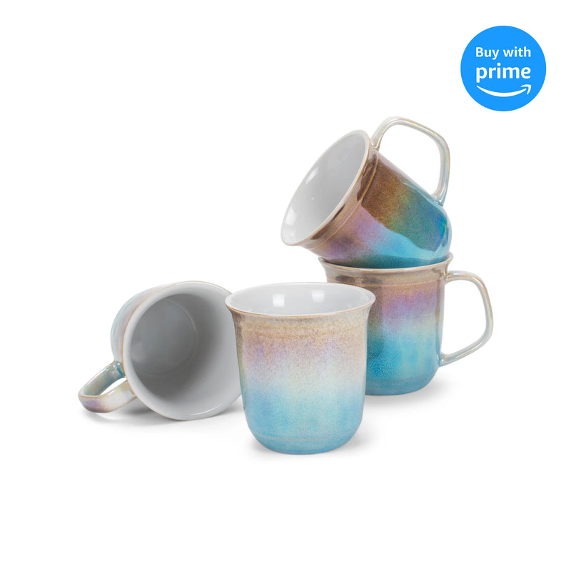 Complete set of Cream With Blue Glossy Rainbow Glaze Matching Coffee Mug Set
