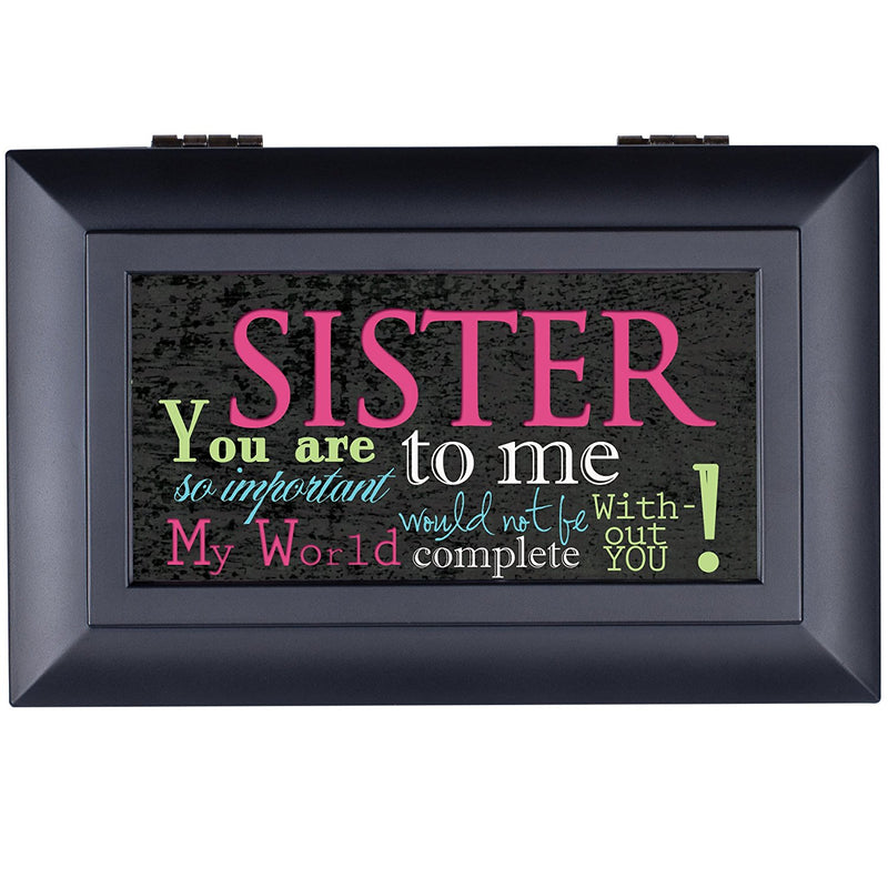 Top down view of Sister So Important World Not Complete Matte Black Petite Jewelry and Music Box
