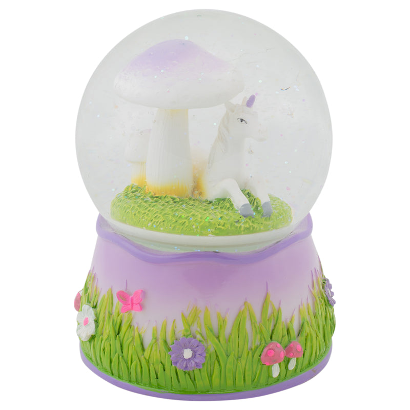 Purple Unicorn Under Mushroom Rotating Figurine 100MM Water Globe Plays Tune Memory