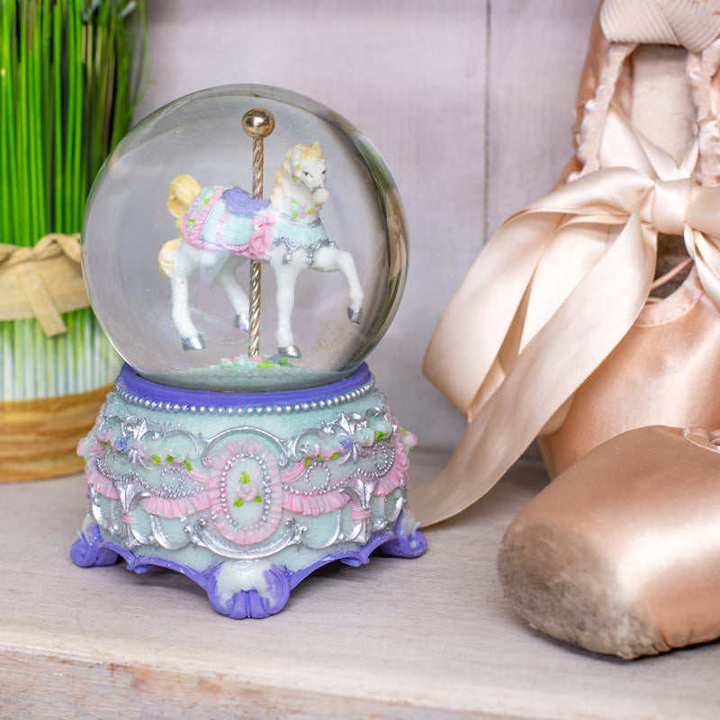 Purple Floral Horse and Carousel 100MM Musical Water Globe Plays Tune Carousel Waltz