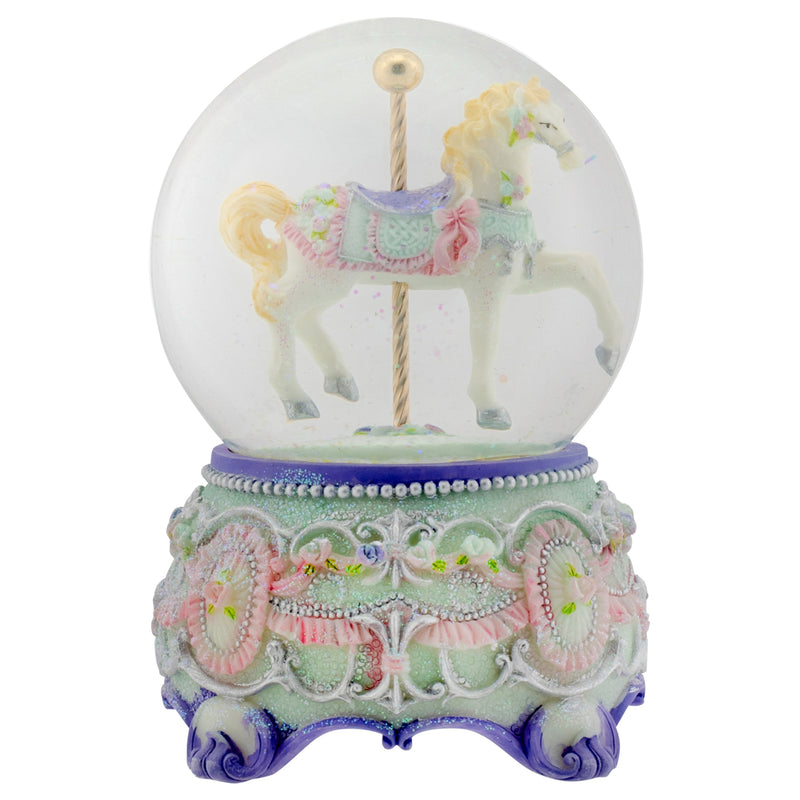 Purple Floral Horse and Carousel 100MM Musical Water Globe Plays Tune Carousel Waltz