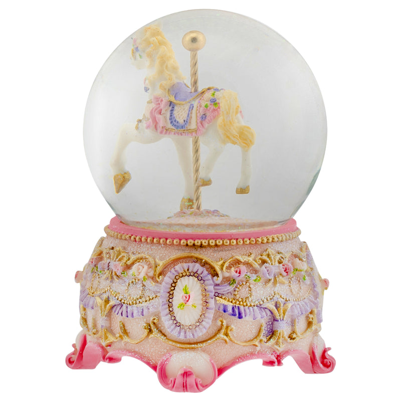 Pink Rose Horse and Carousel 100MM Musical Water Globe Plays Tune Carousel Waltz