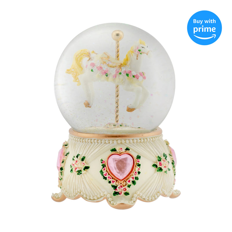 Front view of Rose Garland Horse and Carousel Musical Snow Globe