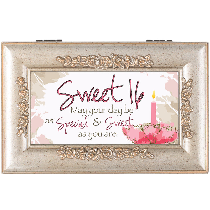 Top down view of Sweet Sixteen Your Special Day Silvertone Embossed Rose Petite Music Box