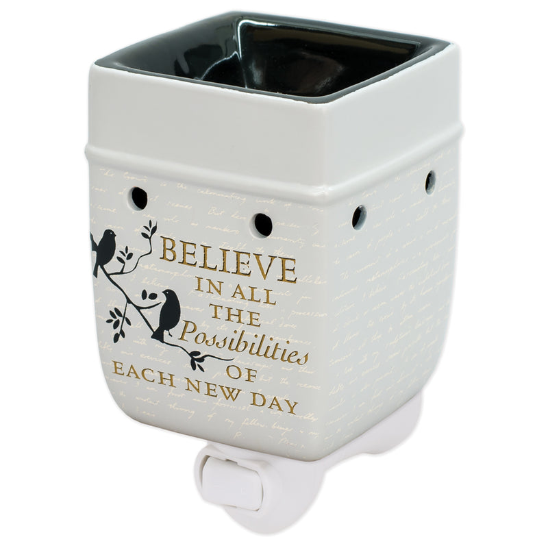 Front view of "Believe in all the possibilities of each new day" Birds on a Tree Believe Grey Electric Plug-in Outlet Wax and Oil Warmer