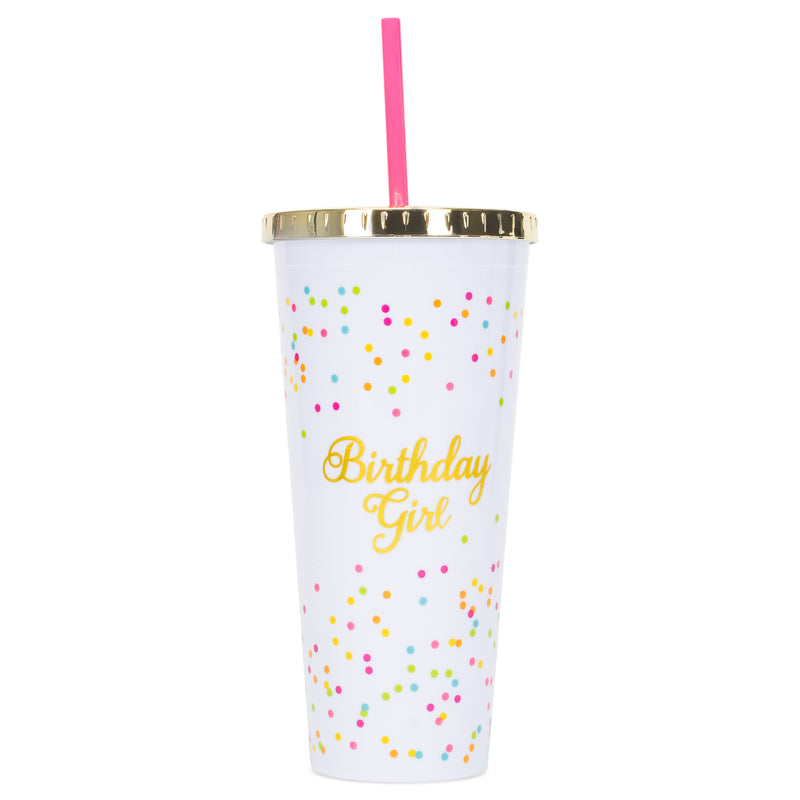Mary Square Birthday Girl Confetti Polka Dot 24 Ounce Straw Tumbler with Gold Tone Lid
