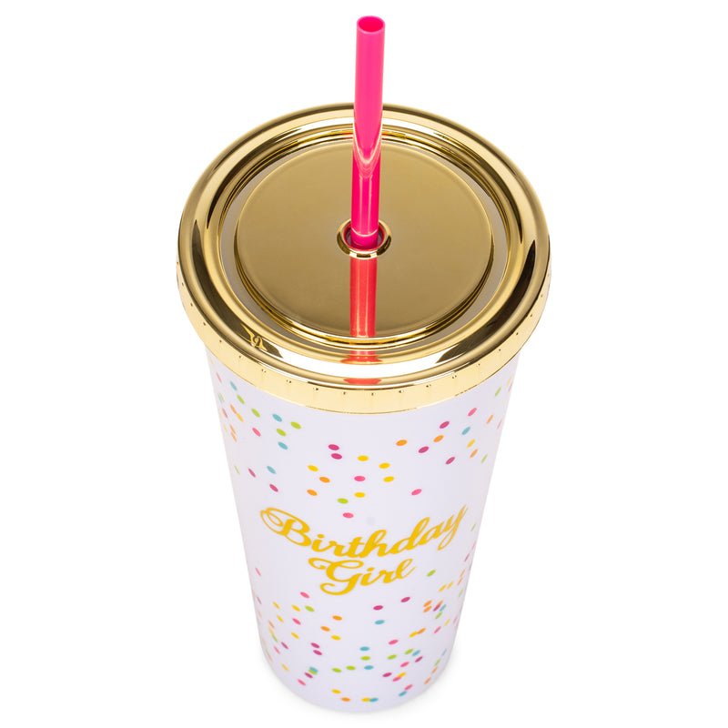 Mary Square Birthday Girl Confetti Polka Dot 24 Ounce Straw Tumbler with Gold Tone Lid