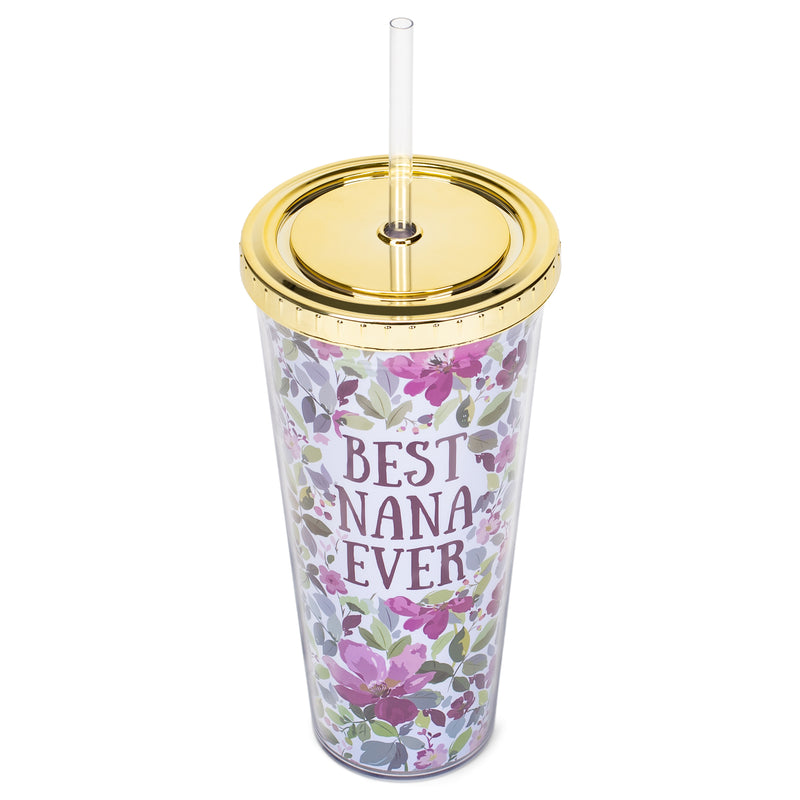 Mary Square Best Nana Ever Purple Salem Floral 24 Ounce Straw Tumbler with Goldtone Lid