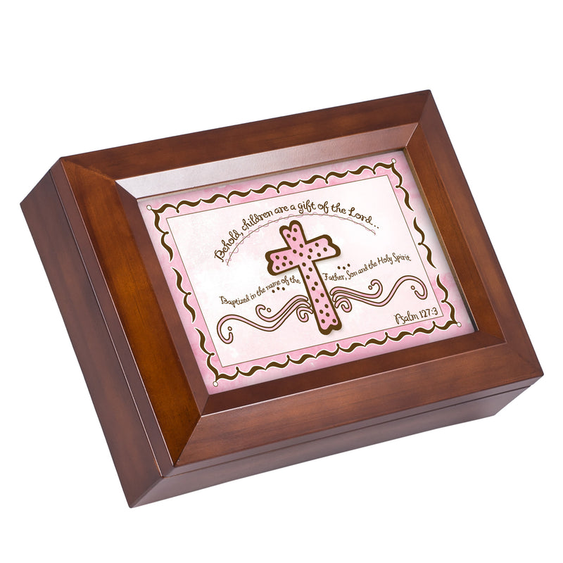 Cottage Garden Baby Girl Baptism Cross Wood Finish Jewelry Music Box - Plays Tune You are My Sunshine