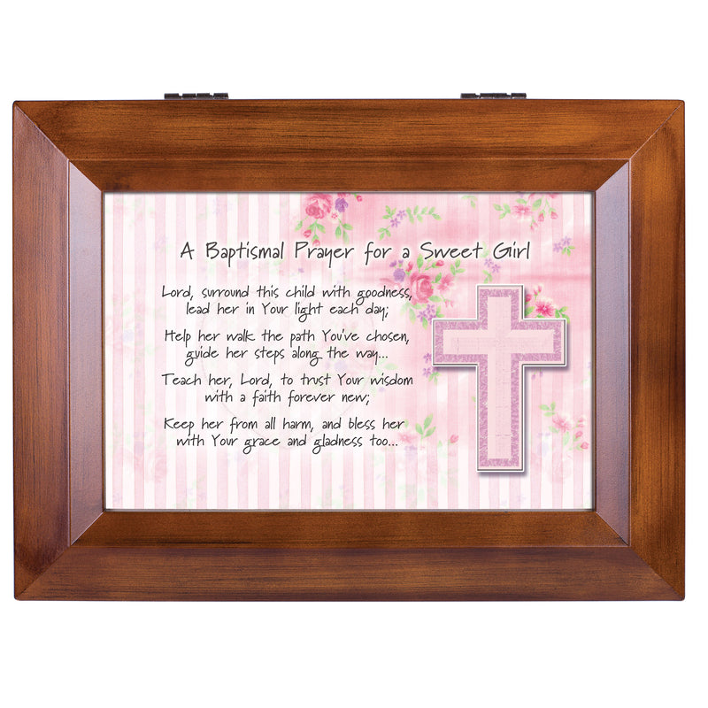 Top down view of Baptismal Prayer for a Sweet Girl Wood Finish Jewelry and Music Box -