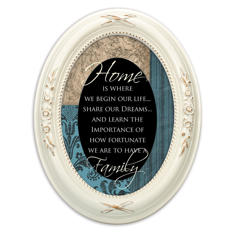 Front view of Home Is Where We Begin Life Distressed Ivory Floral Oval Table and Wall Photo Frame