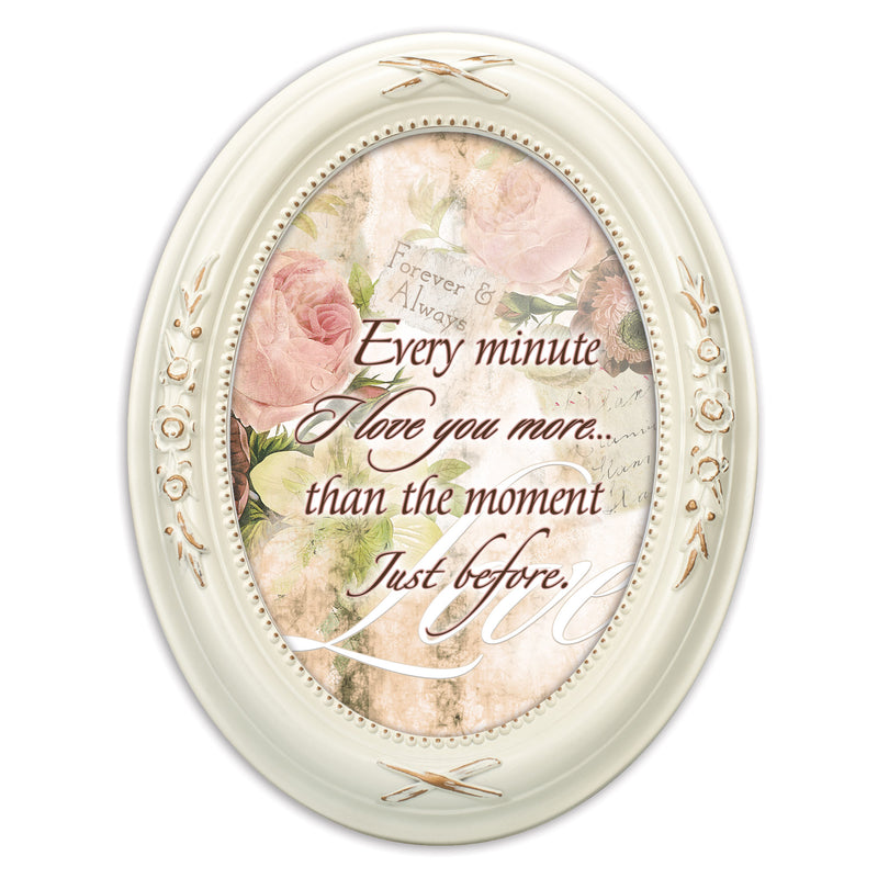 Front view of Every Minute I Love You More Distressed Ivory Floral Oval Table and Wall Photo Frame