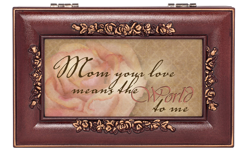 Top down view of Mom Love Means The World Burlwood Petite Rose Jewelry and Music Box