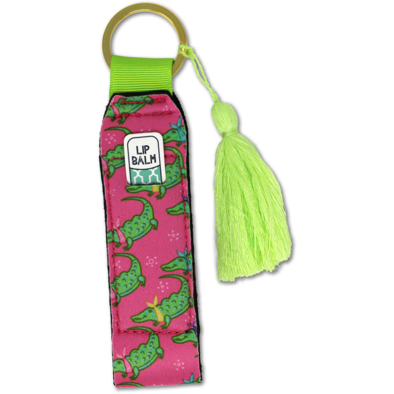Alligator Lime Green and Pink 6 inch Canvas Fabric Pocket Tassel Key Chain