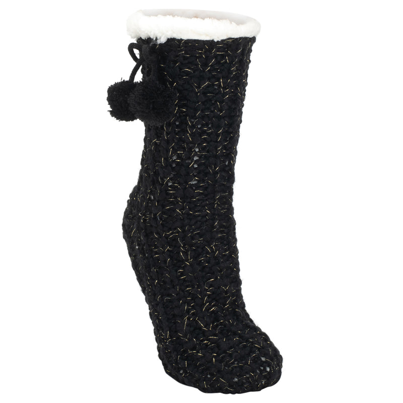 Front view of Black Gold Glitter Knit Pom Pom Womens One Size Plush Lined Non Skid Indoor Slipper Socks