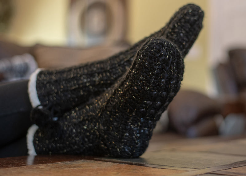 Black Gold Glitter Knit Pom Pom Womens One Size Plush Lined Non Skid Indoor Slipper Socks