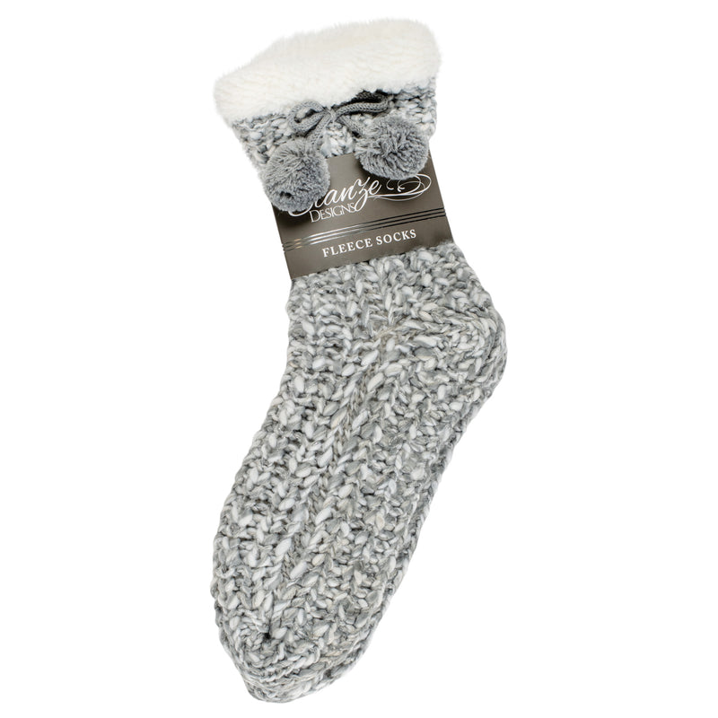 Grey Gold Glitter Knit Pom Pom Womens One Size Plush Lined Non Skid Indoor Slipper Socks