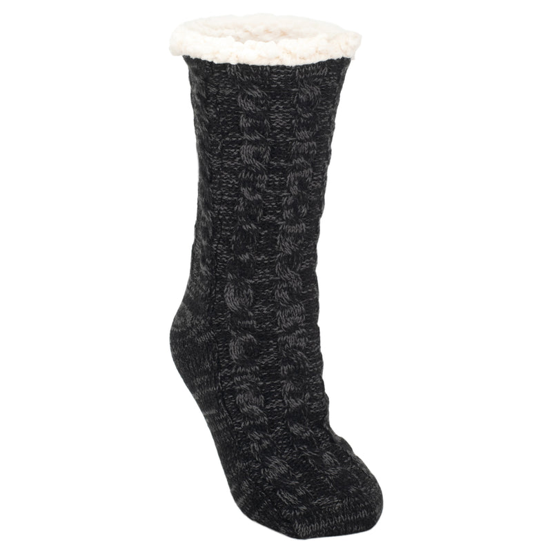 Front view of Black Simple Knit Womens One Size Plush Lined Non Skid Indoor Slipper Socks