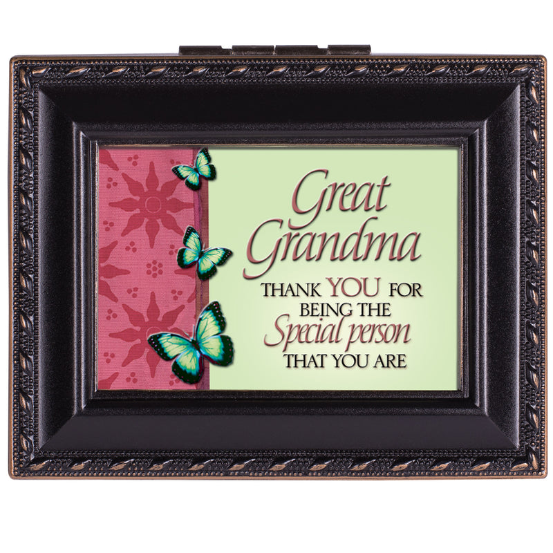 Top down view of Great Grandma Special Black Rope Trim Tiny Square Jewelry Keepsake Box