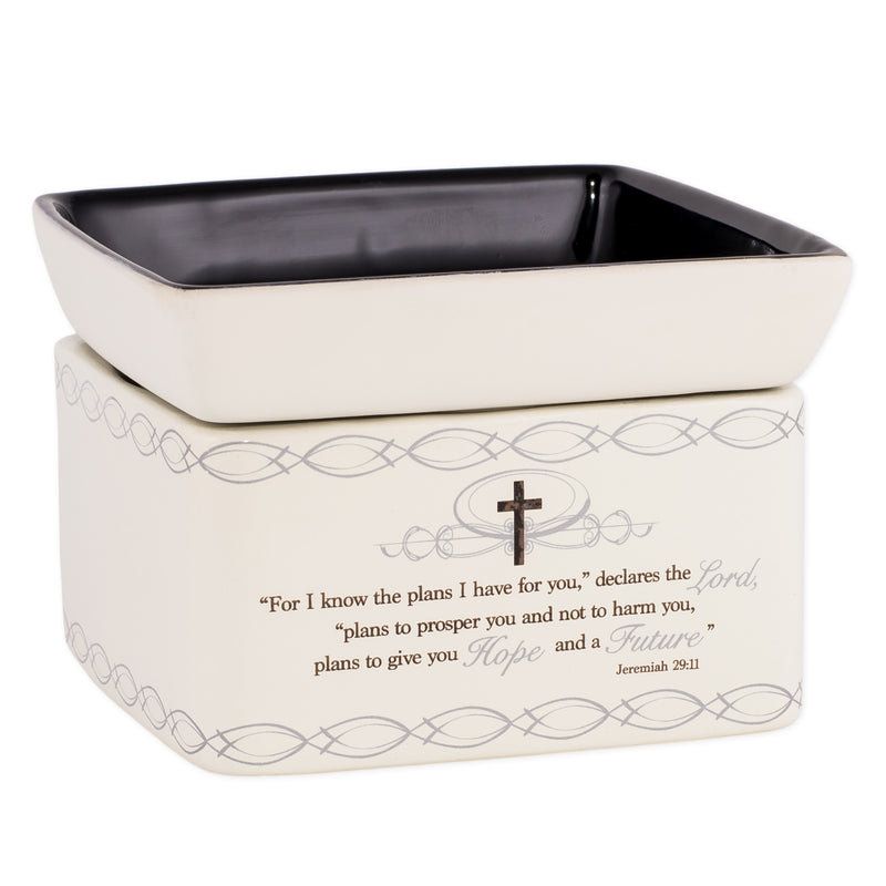 Front view of "for I know the plans I have for you" Ceramic Stone 2-in-1 Tart Wax Oil Candle Warmer