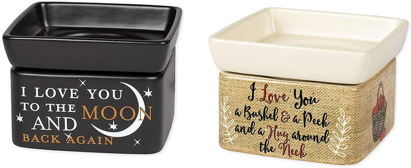 Front view of 2 piece set "Love You to The Moon and Back", Love You Bushel and a Peck Ceramic Stone 2-in-1 Tart Oil Wax Candle Warmers