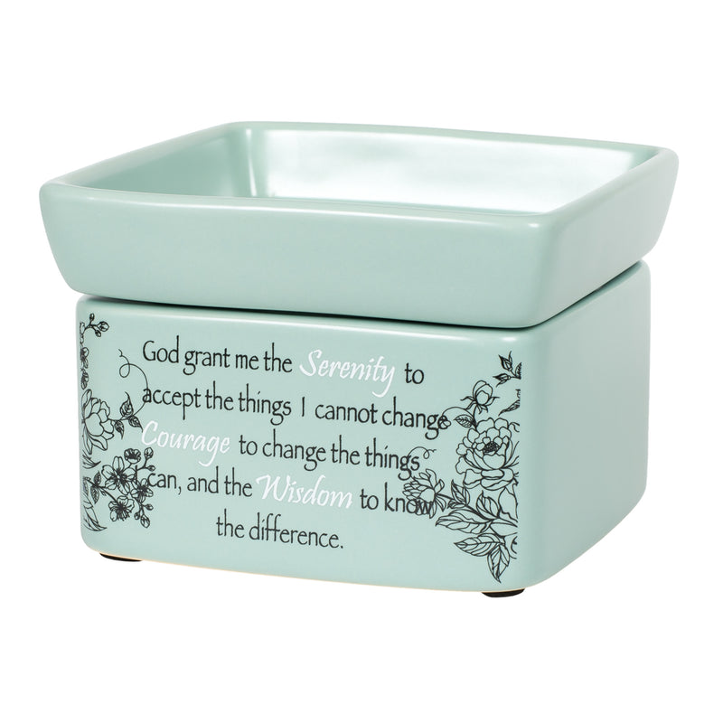 Front view of Serenity Prayer Teal White Floral Design Electric 2 in 1 Jar Candle and Wax and Oil Warmer