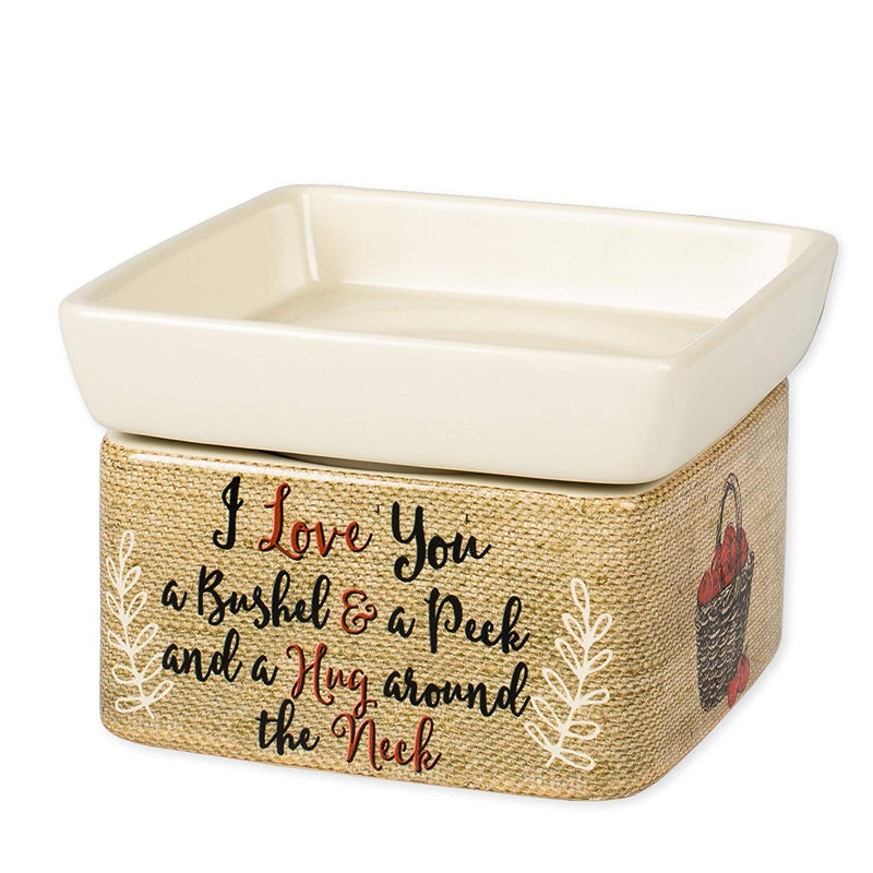 Front view of "I Love You A Bushel and A Peck" Burlap Apples Stoneware 2 in 1 Jar Candle and Wax Tart Oil Warmer