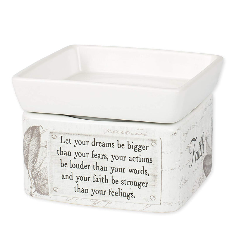 Front view of "Let your dreams be bigger than your fears, your actions louder than your words, and faith be stronger than your feelings" 2 in 1 Jar Candle and Wax Tart Oil Warmer