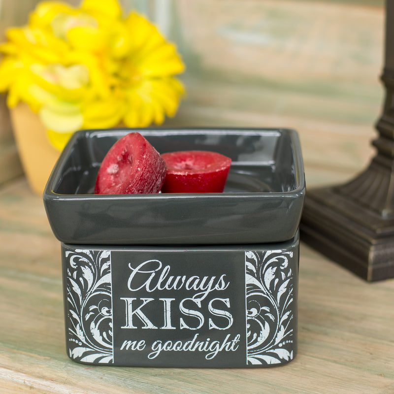 Front view of "Always Kiss Me Goodnight" Charcoal Grey Ceramic Stone 2-in-1 Jar Candle and Wax Tart Oil Warmer