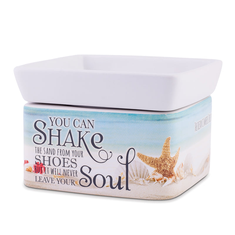 Front view of "You can shake the sand from your shoes but it will never leave your soul" Stoneware Electric 2-in-1 Jar Candle and Wax Tart Oil Warmer