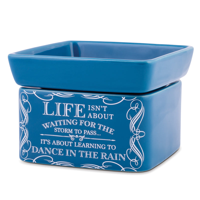 Front view of "Life isn't about waiting for the storm to pass… it's about learning to dance in the rain" Blue Stoneware Electric 2-in-1 Jar Candle and Wax Tart Oil Warmer