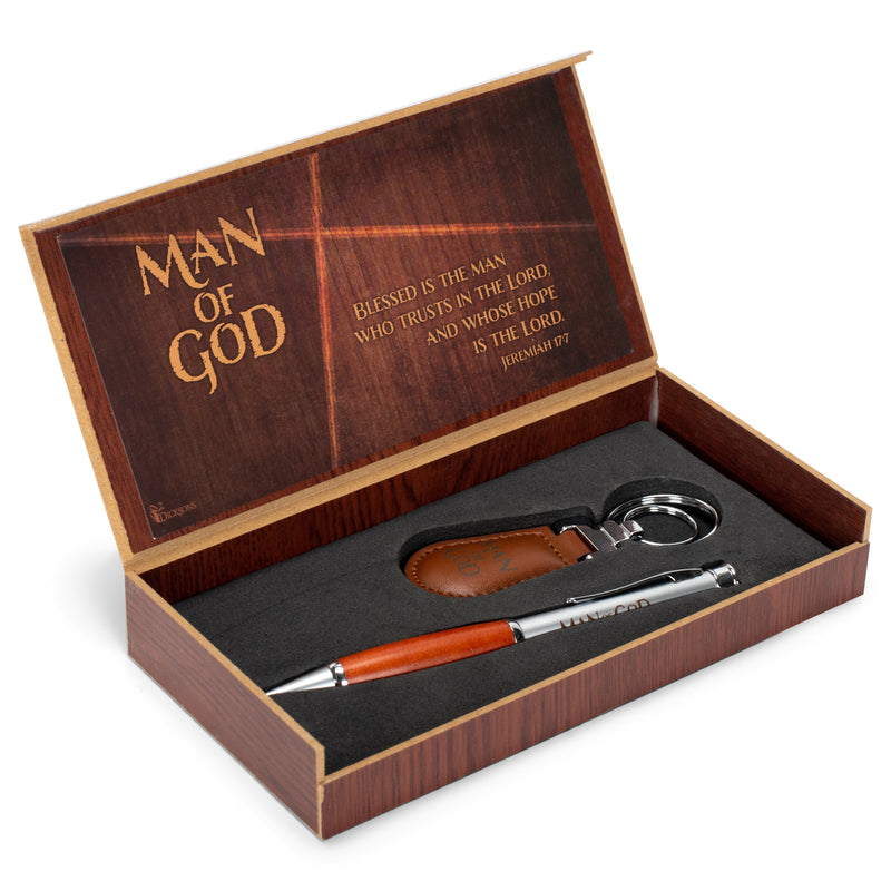 Man of God 2 Piece Metal Woodgrain Ballpoint Pen and Leatherette Keychain Gift Boxed Set