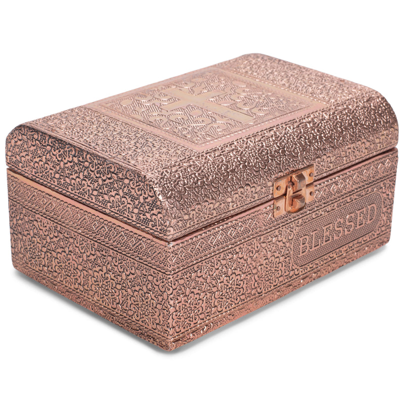 Cottage Garden Blessed Copper Tone Metal Stamped Round Top Trunk Keepsake Box