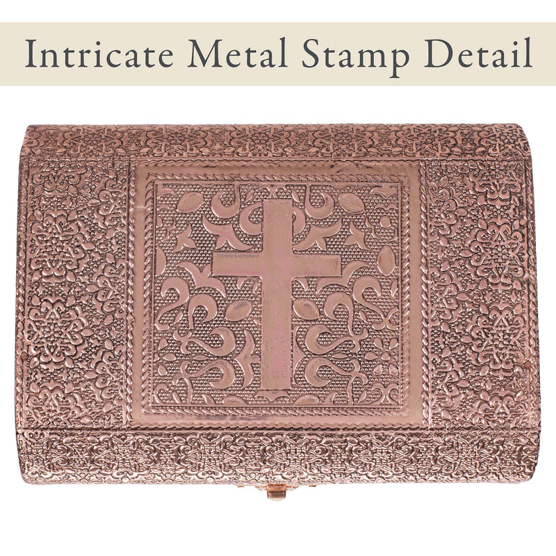Cottage Garden Blessed Copper Tone Metal Stamped Round Top Trunk Keepsake Box