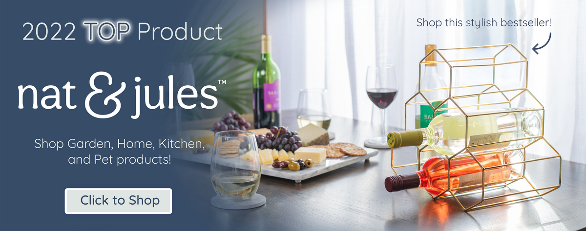Shop Nat & Jules top seller Honeycomb wine rack home decor. Stylish hosting charcuterie with wine and text "Nat & Jules, Shop Garden, Home, Kitchen and Pet products!"