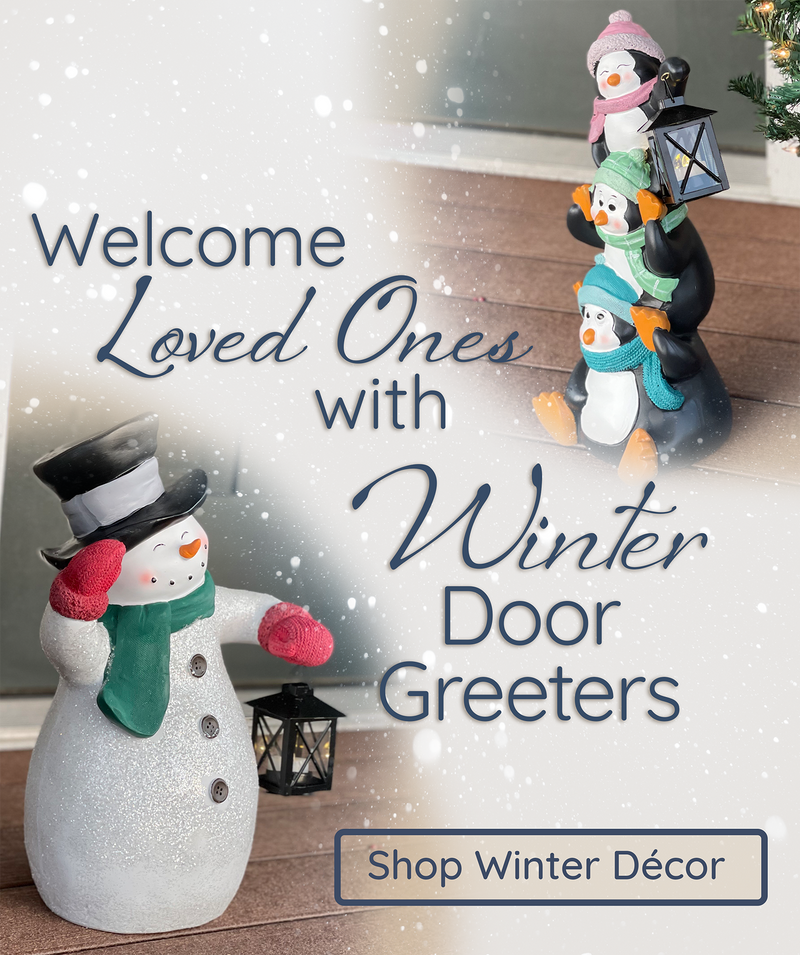Outdoor Door Greeters, Snowman and Penguins with lanterns, sitting outside of doorstep of home. Text "Welcome loved ones with winter door greeters"