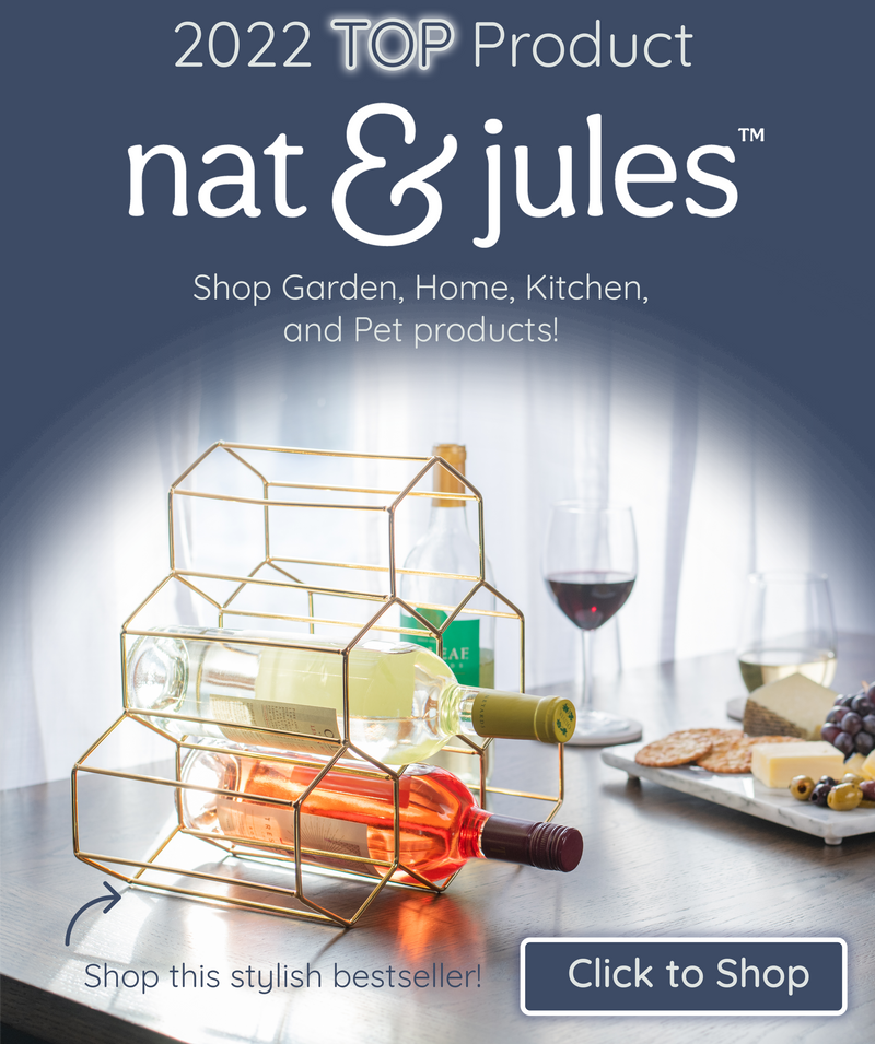 Shop Nat & Jules top seller Honeycomb wine rack home decor. Stylish hosting charcuterie with wine and text "Nat & Jules, Shop Garden, Home, Kitchen and Pet products!"