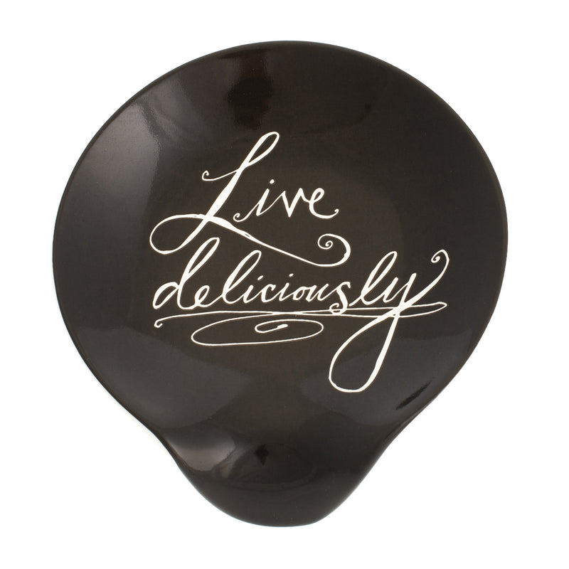 DEMDACO Live Deliciously Script 4.5 x 4 Glossy Black Ceramic Stoneware Kitchen Spoon Rest