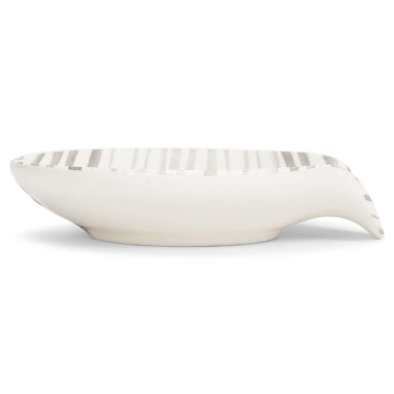 DEMDACO Stir Things Up 4.5 x 4 Glossy White and Grey Stripe Ceramic Stoneware Kitchen Spoon Rest