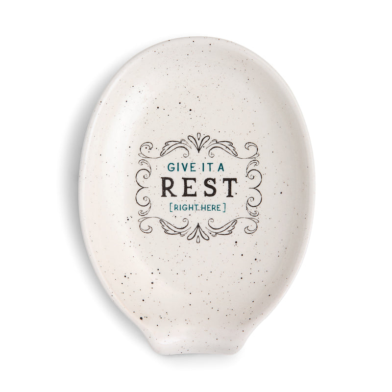 Give It A Rest Glossy Speckle White 6 x 5 Stoneware Ceramic Everyday Kitchen Oval Spoon Rest