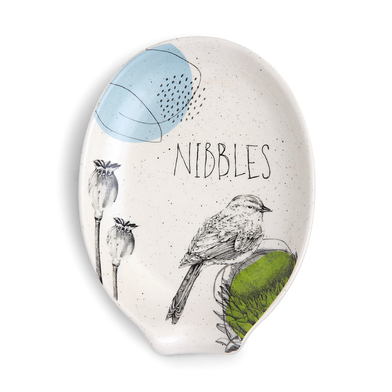 Nibbles Bird Glossy Floral White 6 x 5 Stoneware Ceramic Everyday Kitchen Oval Spoon Rest