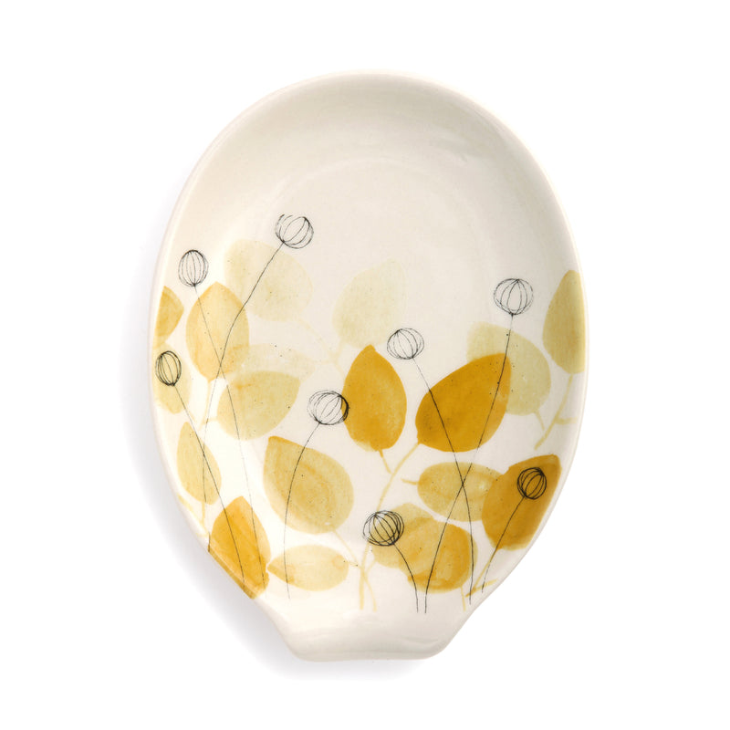 Summer Flowers Glossy Yellow and Brown 6 x 5 Ceramic Stoneware Oval Spoon Rest