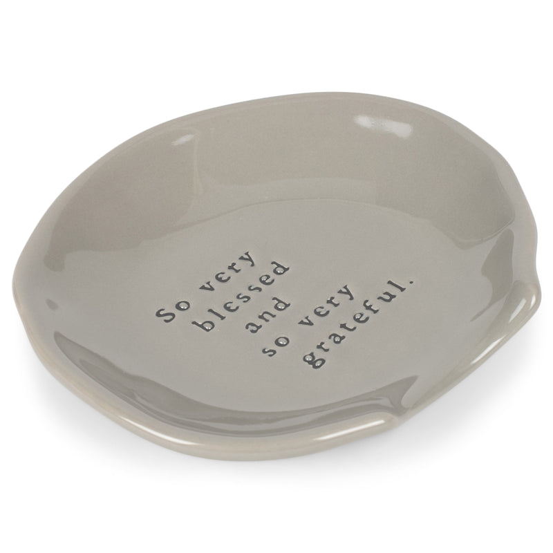DEMDACO So Very Blessed and So Very Grateful Dove Grey 4.5 x 4 Glossy Ceramic Stoneware Wobbly Round Spoon Rest