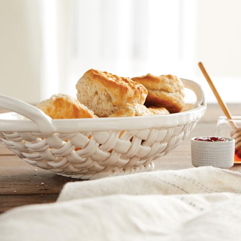 Bread Basket White 15 x 8 Ceramic Earthenware Decorative Bowl With Towel