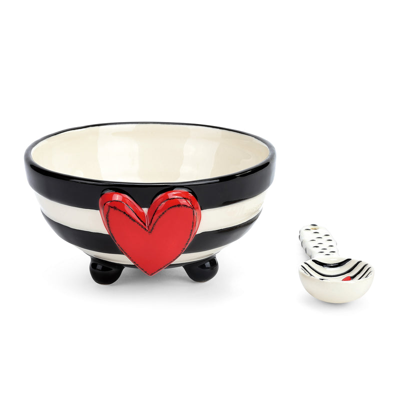 Wide Stripe Black and White Heart 5 x 5 Ceramic Stoneware Candy Bowl With Spoon