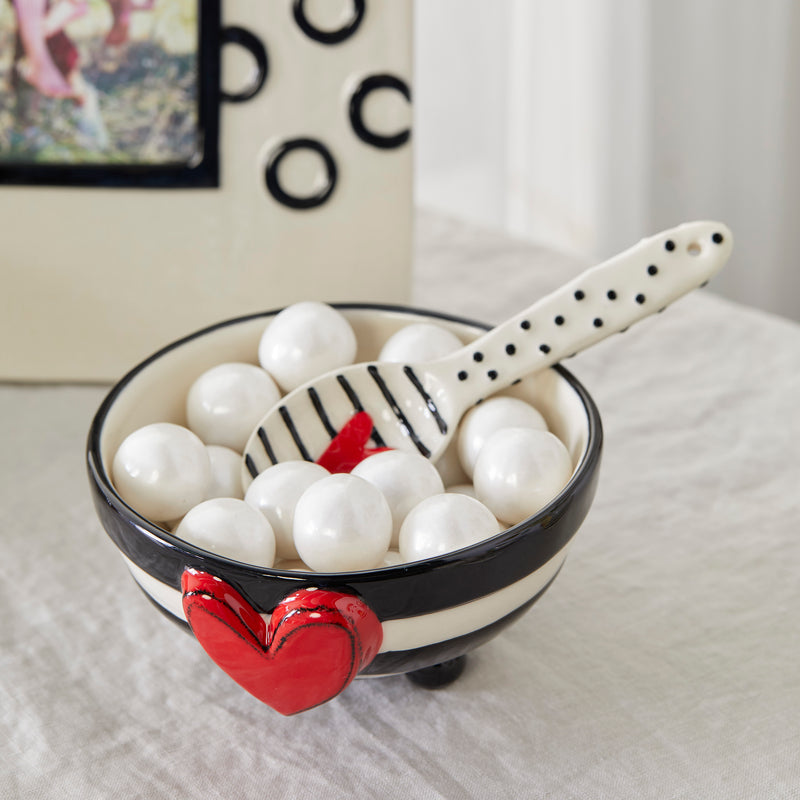 Wide Stripe Black and White Heart 5 x 5 Ceramic Stoneware Candy Bowl With Spoon